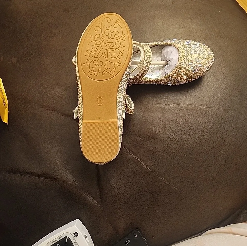 Girls' Gold Glitter Dress Shoes with Gem Accents